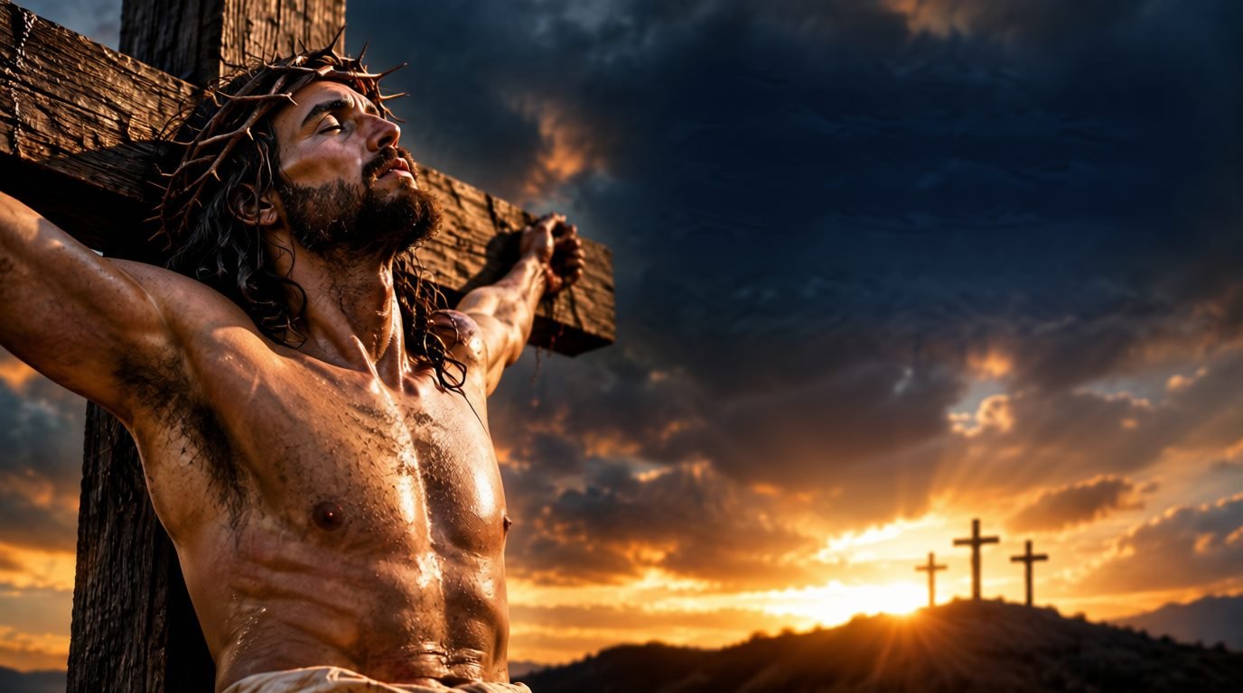 Jesucristo en la cruz, al atardecer